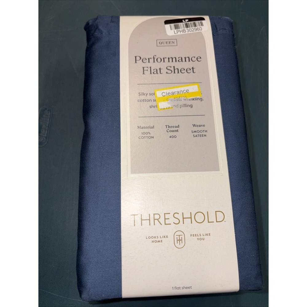 Threshold‎ Performance 100% Cotton Sateen QUEEN Flat Sheet Blue 400 TC Smooth